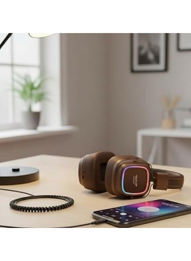 LS-258 Wireless Bluetooth 5.4 Over-Ear Headphones with Type-C Charging, LED Lights, Stereo Sound (Brown) - Image 3